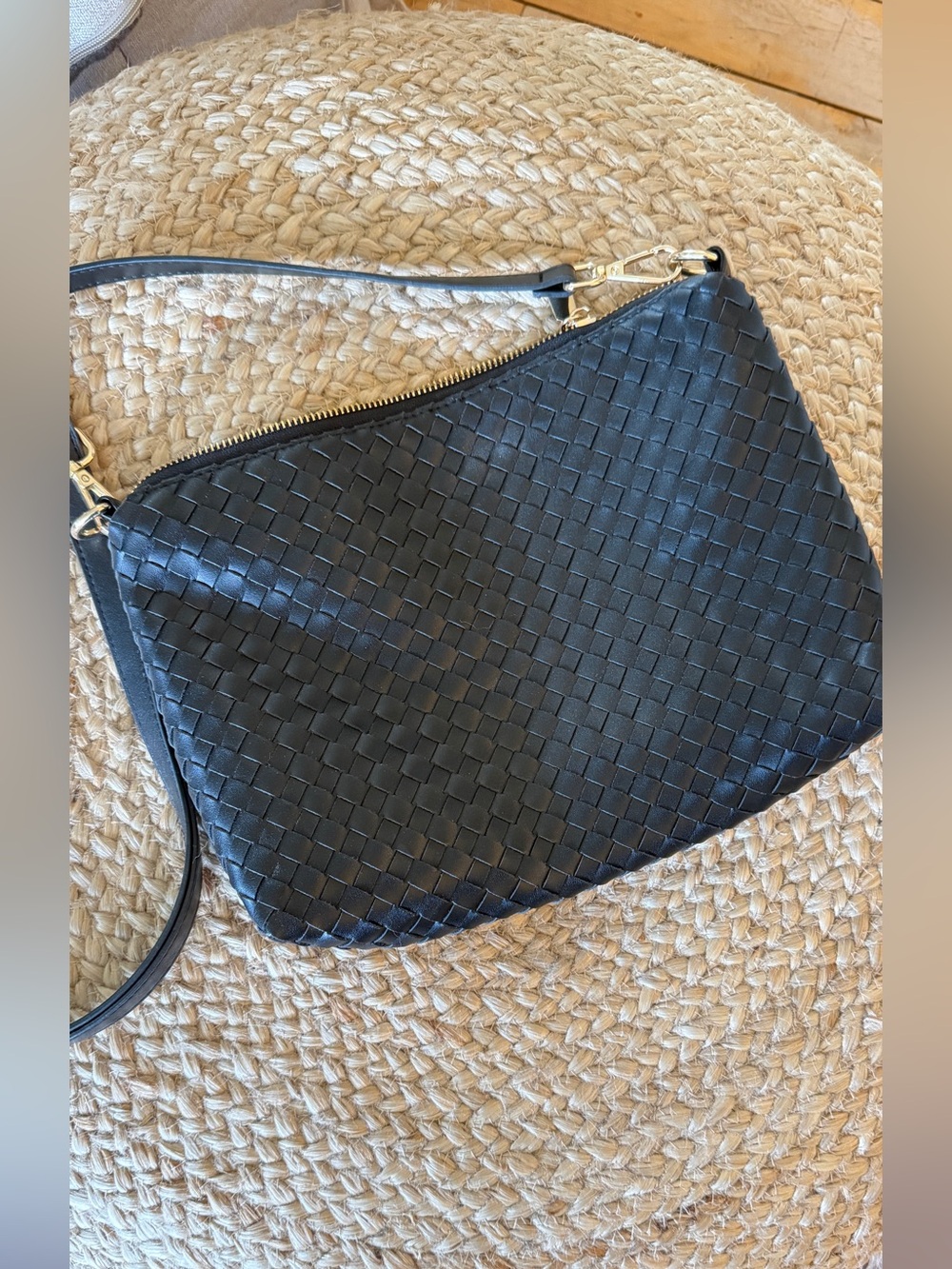 Woven Leather Crossbody Pouch - Black